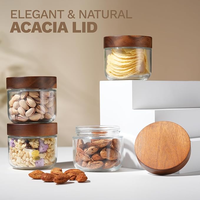 Bumobum 8 oz Glass Jars with Wood Lids, Loose Leaf Tea Storage, 4 Pack | Acacia Wood Lids, Airtight Seal, Easy to Fill, Small Food Containers for Coffee, Snacks, Yogurt, Spices, Pantry Storage