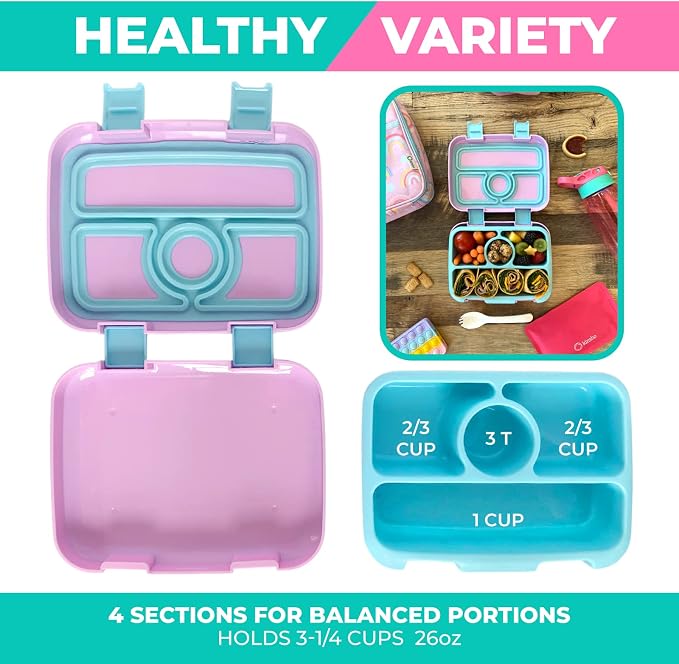 kinsho Kids Bento Lunch Box Set with Thermo, Bag & Ice Pack Purple Rainbow | 4 Compartment Container, Stainless Steel Food Jar for Hot Soup, Snacks, Daycare or School Lunches for Toddlers & Small Girls