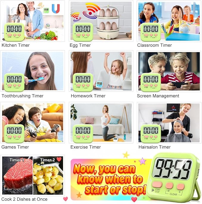 2 Pack Digital Timer for Kids Classroom Kitchen Timers for Cooking | w/ Battery, Easy to View, Alarm, Mute Mode, Count Down/Up, Magnetic, Kickstand, Hanging, Classroom Timer for Teacher Supplies