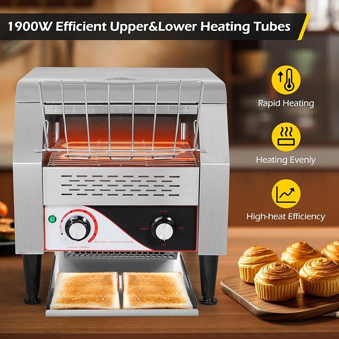 Dyna-Living Commercial Toaster 300 PCS/H Conveyor Toaster for Restaurant | 1900W Commercial Conveyor Toaster, Heavy Duty Stainless Steel Rolling Bread Toaster for Baking Bun, Bagel, Bread