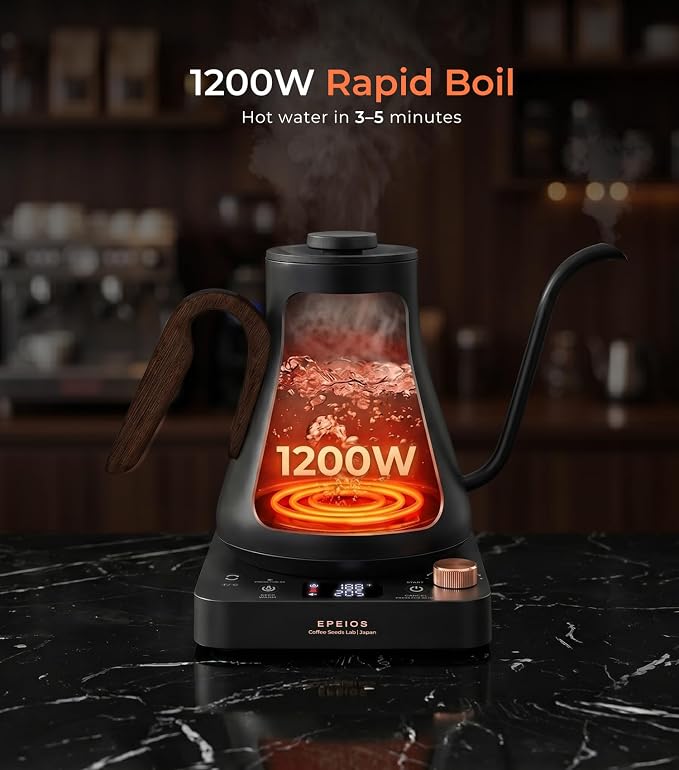 Epeios Gooseneck Electric Kettle With Temp Control,1200W,0.9L,Matte Black | Rapid Heating, Precision Pour-Over for Coffee & Tea,Smart Hot water Boiler, 304 Stainless Steel Interior, Auto Shut-Off
