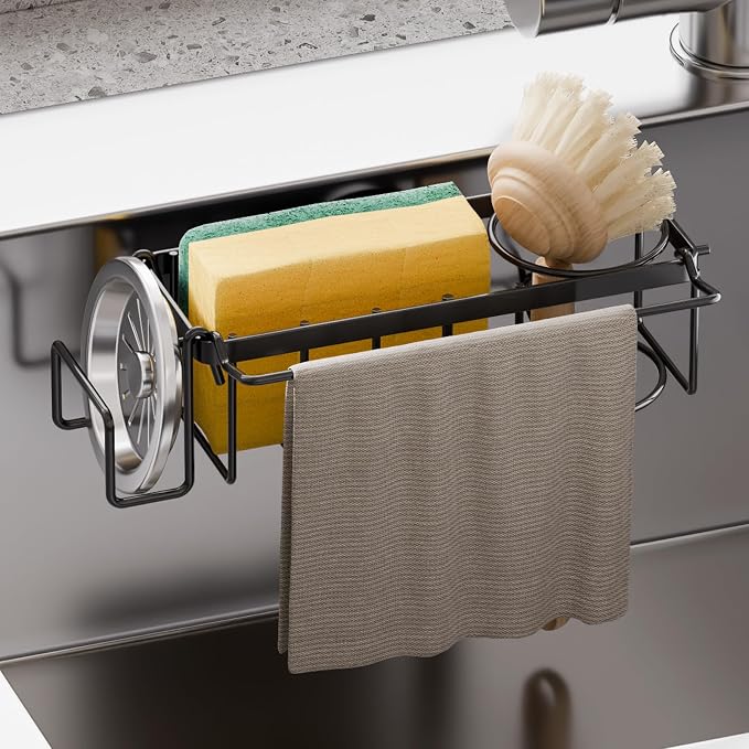 TAILI 4-in-1 Sponge Holder for Kitchen Sink with Strong Suction Cup-Black | Removable Rustproof 304 Stainless Steel Multi-compartment Sponge Holder with Suction Cup, Keeps Brushes & Scrubbers Tidy