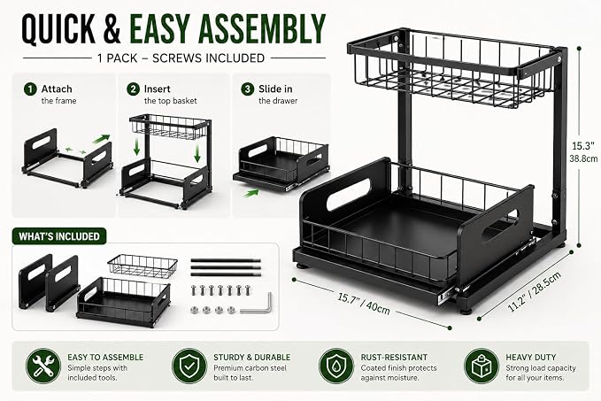 Under Sink Organizer, 2 Tier Adjustable Cabinet Organizer with Slide-Out Drawer, Heavy Duty Metal Storage Rack for Kitchen, Bathroom & Laudry room.