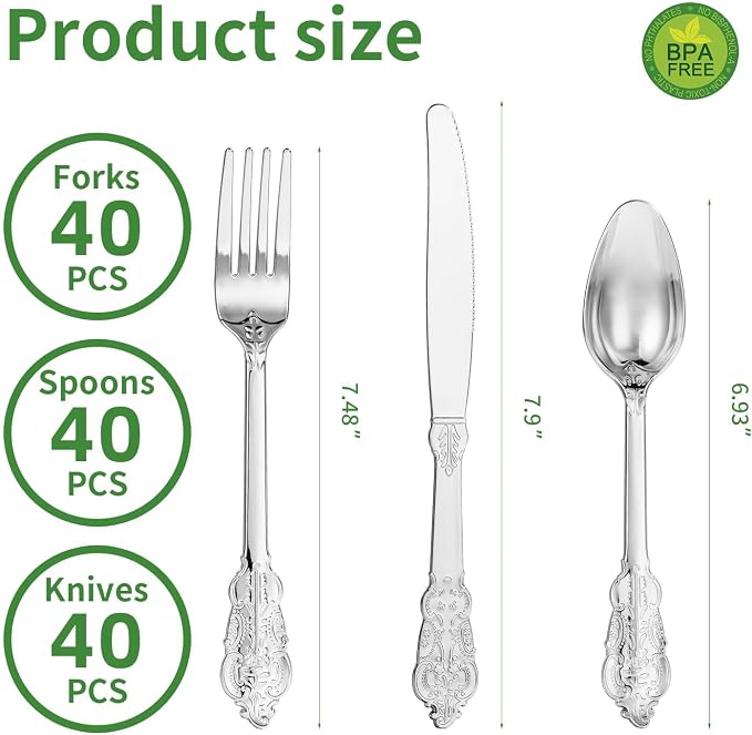 120PCS Silver Plastic Silverware, Vintage Disposable Utensils & Cutlery | 40 Fancy Forks, Spoons, Knives, Heavy Duty, BPA-Free, for Party, Weddings, Birthday & Holiday