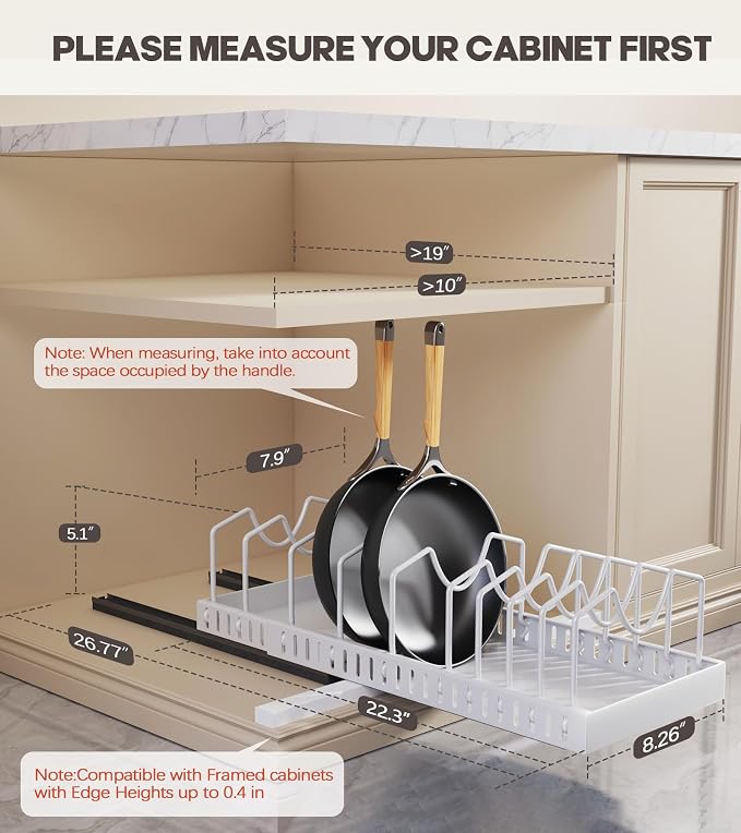 Pull Out Pots and Pans Organizer Under Cabinet, Expandable Sliding Lid Holder and Pan Rack for Kitchen, Slide Out inside Cabinet for Pot Lid, Bakeware, Dishes, 10 Adjustable Dividers, 2 Pack White
