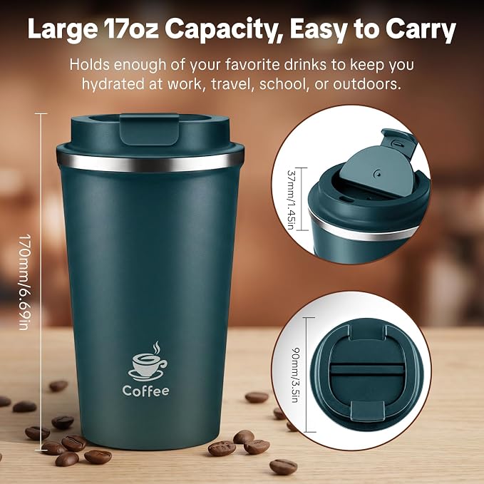 17oz Travel Coffee Mug ,Leakproof Vacuum Coffee Cup Insulated Tumbler | 304 Stainless Steel, Double-Wall Vacuum Insulated, Leakproof, Fits Hot & Cold Drinks Car Cup Holders, Travel, Office