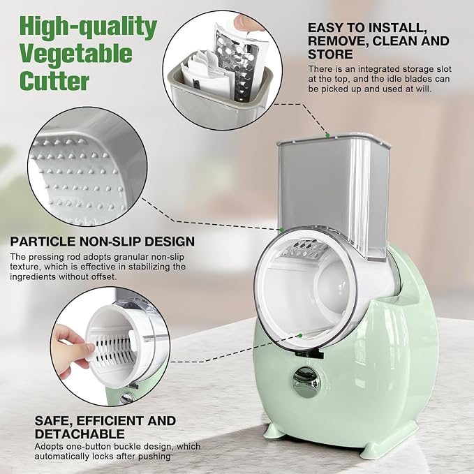 Electric Cheese Grater for Block Cheese - 3 in 1 Rotary Cheese Grater Electric Rotary Grater Salad Shooter Electric Slicer for Cheeses, Fruits, Vegetables and Nuts (Green)