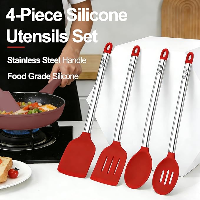 Vayvnt 4 Pieces Kitchen Spatula Set, Heat Resistant Silicone Utensils, Red | Large Size Kitchen Tools, For Nonstick Cookware, Spoons and Turners, Stainless Steel Handle, Easy Cleaning, Dishwasher Safe