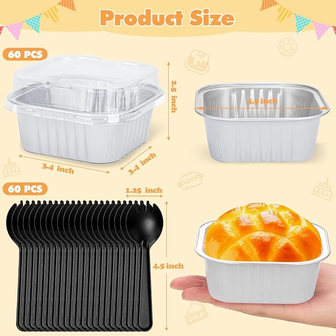 60 Pack 10oz Mini Disposable Cake Pans with Lids, Aluminum Foil Square Baking Cups, 4.4x4.4 Large Baking Cake Tins Cup Cake Containers with Lids for Thanksgiving Christmas Individual Cakes