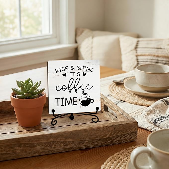 Minimalism Coffee Bar Decor, 5"x5" Coffee Bar Sign | Rise & Shine It's Coffee Time Wood Plaque with Stand | Farmhouse Gift for Home Kitchen Tabletop Desk - A07