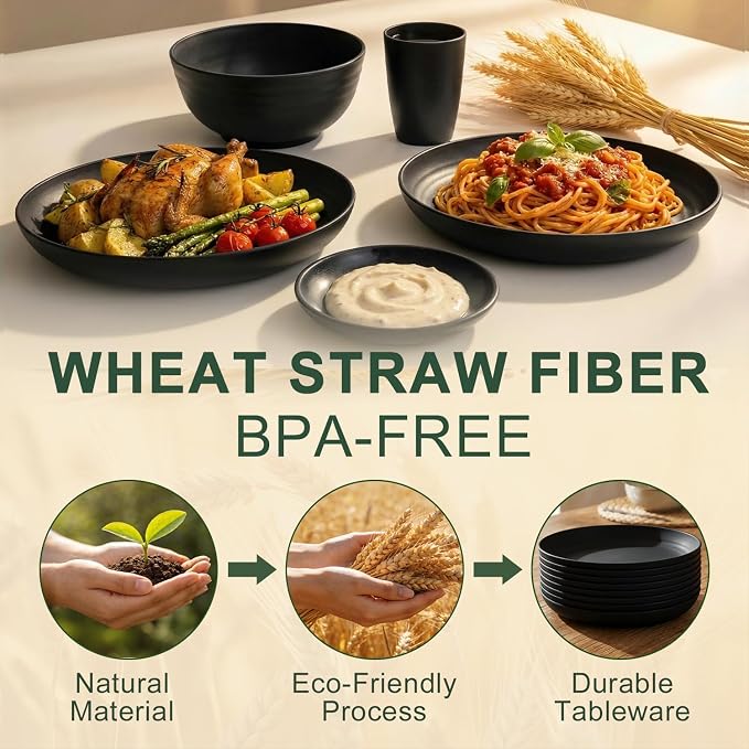 Plates and Bowls Sets for 8, Wheat Straw Dinnerware Sets 40 Piece, Unbreakable & Lightweight Dishes Set for 8, Microwave Safe Kitchen Dishes, Kitchen Essentials for New Apartment - Black