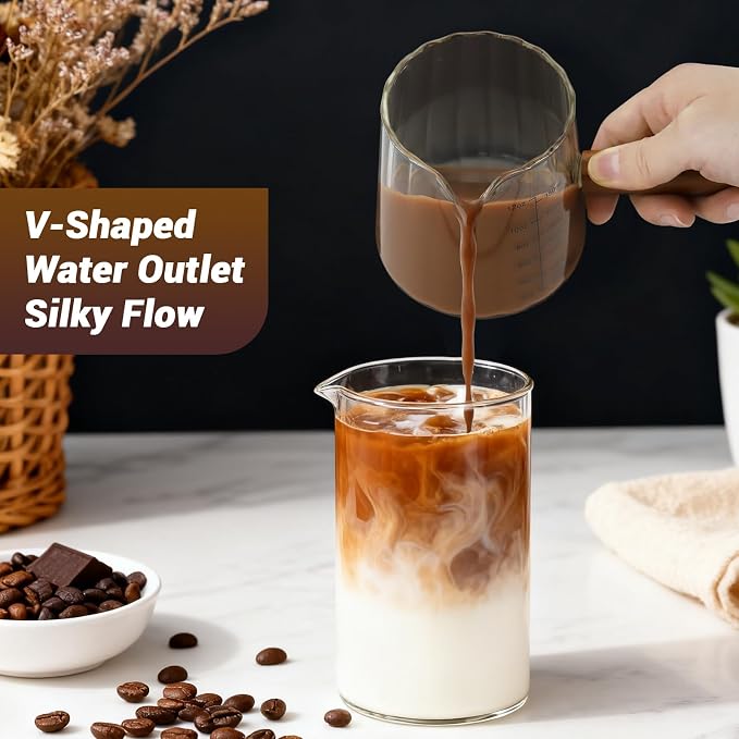 Espresso Measuring Cup 12 Oz, Espresso Glass Cups with Wood Handle, Milk Frothing Cup, Espresso Cup for Coffee, Milk, Tea or Maple Syrup Serving (Transparent, 12 oz)