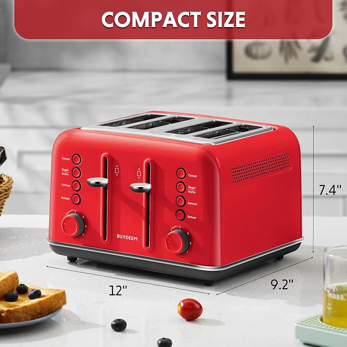 BUYDEEM DT640 4-Slice Toaster, 7 Shade Settings, Extra Wide 1.5’’ Slots for Bagel & English Muffin, 6 Toasting Functions, Retro Stainless Steel Toaster with High Lift Lever, 1800W, Red