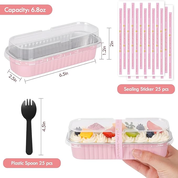 YQER 25 Pack Mini Cake Pans with Lids and Spoons, 6.8 oz Pink Disposable Aluminum Foil Mini Loaf Pans with Stickers, Individual Small Dessert Cake Tins Containers for Small Batch Baking, Parties Treat