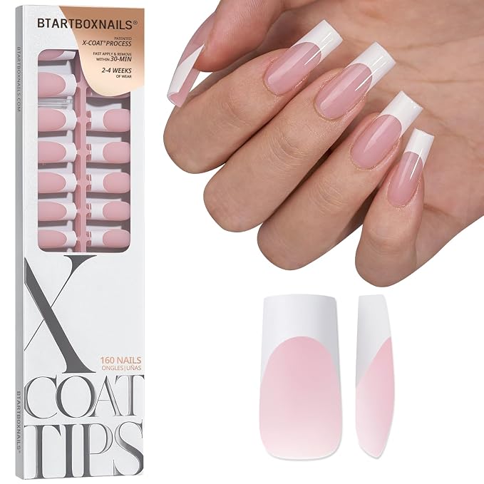 BTArtboxnails XCOATTIPS White French Tip Press On Nails, Long Square, Pink | Lamp-Curable, 4-Week Wear, Salon Quality Value at Home, Natural Nail Look, Easy-to-Apply for Beginners, 160Ct Nail Tips Only