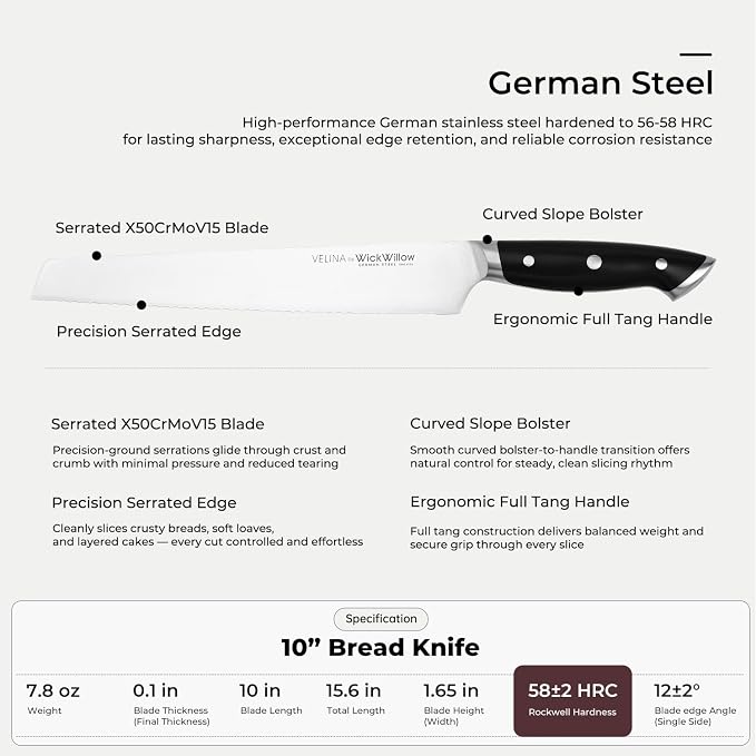 WICKWILLOW 10” Bread Knife – Razor Sharp German High-Carbon Stainless Steel | Cleanly slices homemade bread, sourdough and pastries with long-lasting serrated performance. Gift-Ready.