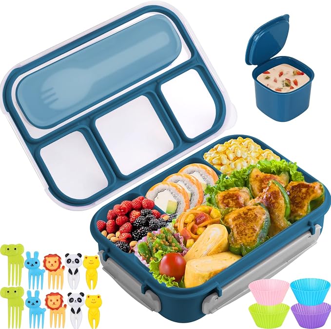 Bento Box for Kids 1300ML with 4 Compartment & Food Picks Cake Cups, Blue | Lunch Box Containers for Adults/Kids/Toddler, Leak-Proof, Microwave/Dishwasher/Refrigerator Safe, BPA Free