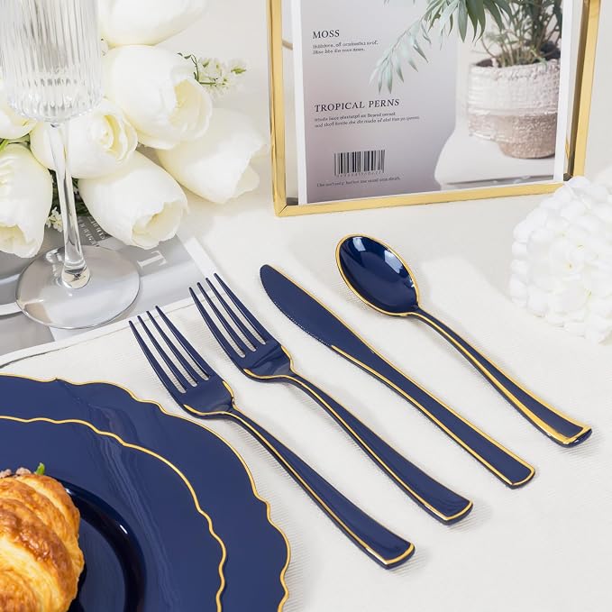 180PCS Blue Plastic Silverware -Blue and Gold Plastic Cutlery 60 Forks, 60 Knives, 60 Spoons - Heavy Duty Disposable Silverware for Party/Wedding/Birthday
