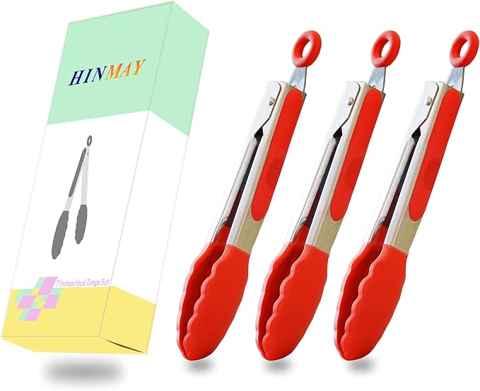 HINMAY 7" Mini Silicone Tongs Small Serving Tongs, Set of 3 (Red)