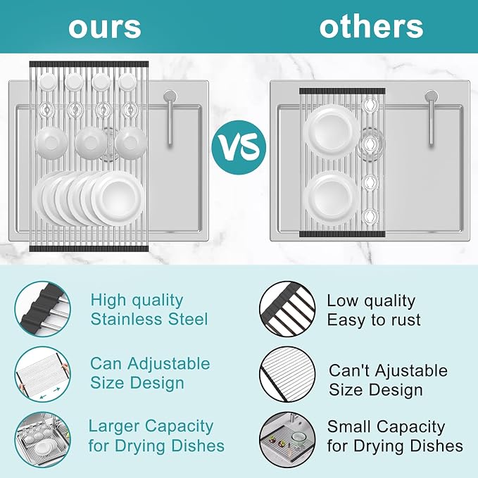 Extra Large Expandable Roll Up Dish Drying Rack,Over The Sink Drying Rack Sink Cover Kitchen Sink Accessories Kitchen Rolling up Stainless Steel Drainer, Foldable,Rollable（Black，22.8''-12.4''）