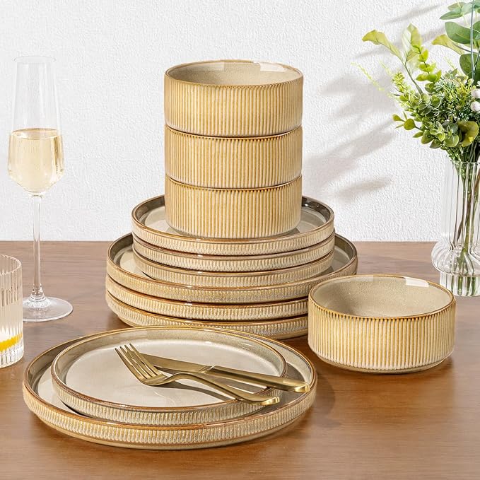 GBHOME Stoneware Dinnerware Sets for 4, 12-Piece Plates and Bowls Set | Handmade Reactive Glaze Ceramic Dish Set, Scratch Resistant, Dishwasher&Microwave Safe,Barley Latte
