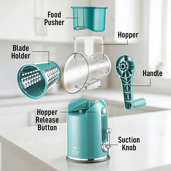 Zulay Kitchen Rotary Cheese Grater 5 Blade Cheese Shredder - Manual Hand Crank Cheese Grater With Reinforced Suction & 5 Interchangeable Drums - Easy to Use, Vegetable Chopper Round Mandoline Slicer