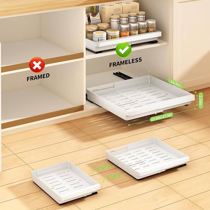 DOMNIU Pull Out Cabinet Organizers Expandable,White,16.9"Depth,2 Pack | Slide Out Drawers for Kitchen, Bathroom, Pantry, Under Sink Storage, Fixed with Adhesive Nano Film (11.6''-17.5'')
