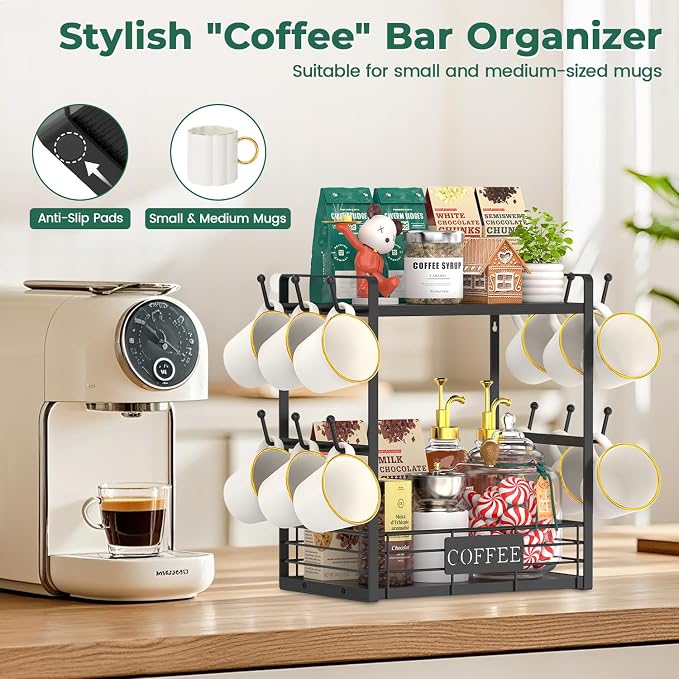 EsLuker.ly Coffee Mug Cup Holder Tree Bar Station Organizer, 2 Tier Black | Mug Stand Rack for Countertop Kitchen, Storage Tower Display Shelf with 12 Hooks, Coffee Nook Enhancer