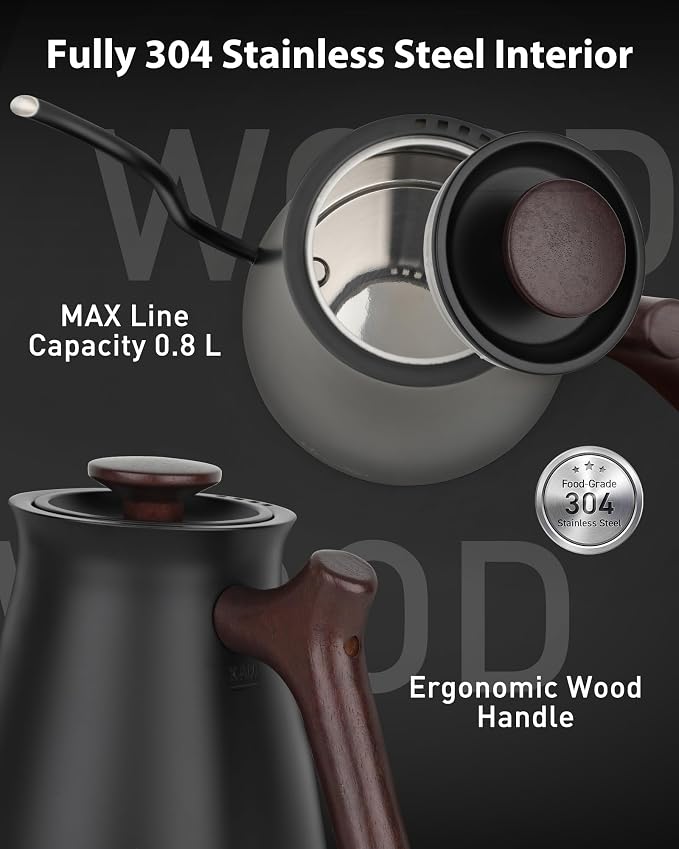 Harriet Gooseneck Electric Kettle, 0.8L, 1°F Control, Brew Timer | 120-Min Keep Warm, 104–203°F Control, Built-In Brew Timer, SUS304 Stainless Steel, Wood-Accent Handle for Pour-Over Coffee
