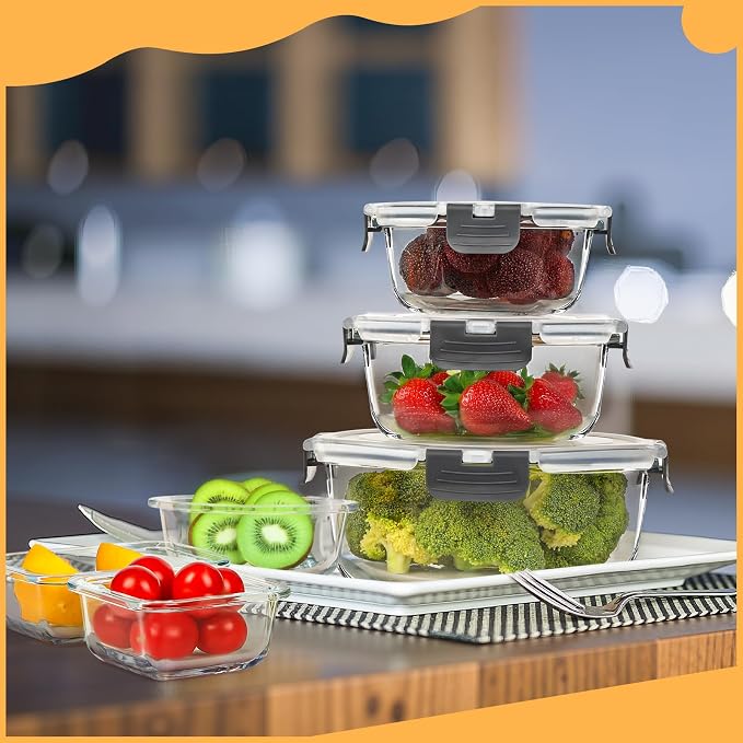 Skroam 30 Pcs Glass Meal Prep Containers, Food Storage Containers with Lids | Lunch Containers, Microwave, Oven, Freezer and Dishwasher Safe, Borosilicate Glass, Airtight & Leakproof, Organize with Ease