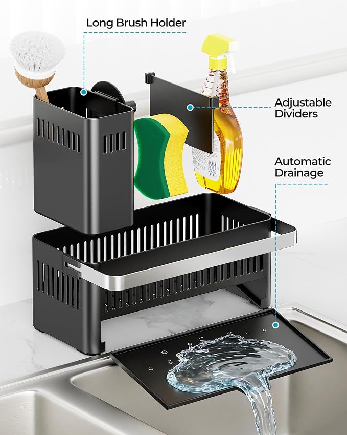 Nieifi Sponge Holder, Black Rustproof ABS Sink Caddy with Towel Rack | Smiley Sponge and Brush Holders with Drainage to Keep Items Dry. 10"W x 4.5"D. Kitchen Counter Organizer & Essential Storage.