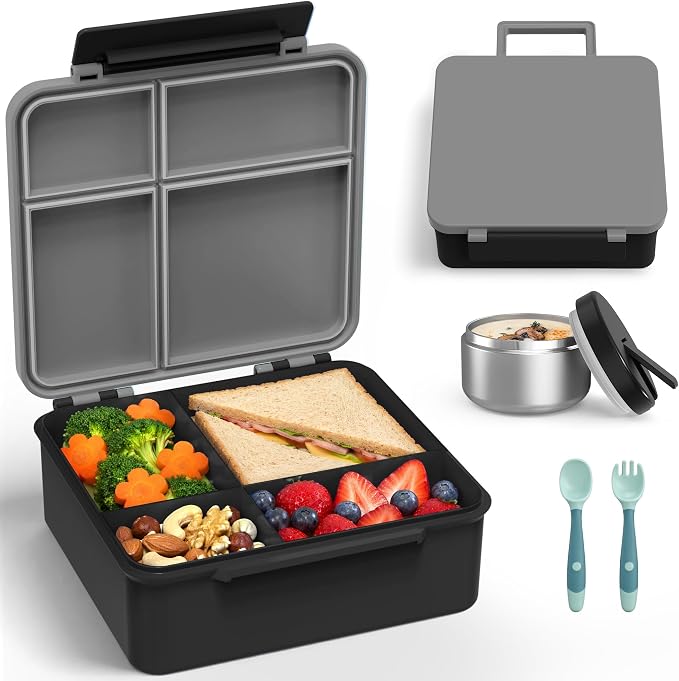 LOHASOK Bento Lunch Box for Kids with 8oz Soup Thermo, Black | 4-Compartment, Leak-Proof Lunch Containers with Insulated Food Jar and Silicone Foldable Spoon Fork