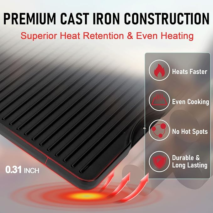 24" X 16" Reversible Cast Iron Griddle for Camp Chef, Stove Top Accessories | Flat top griddle plate for universal 4 burner stove & gas/charcoal/propane outdoor grill, even heating, durable,easy to clean