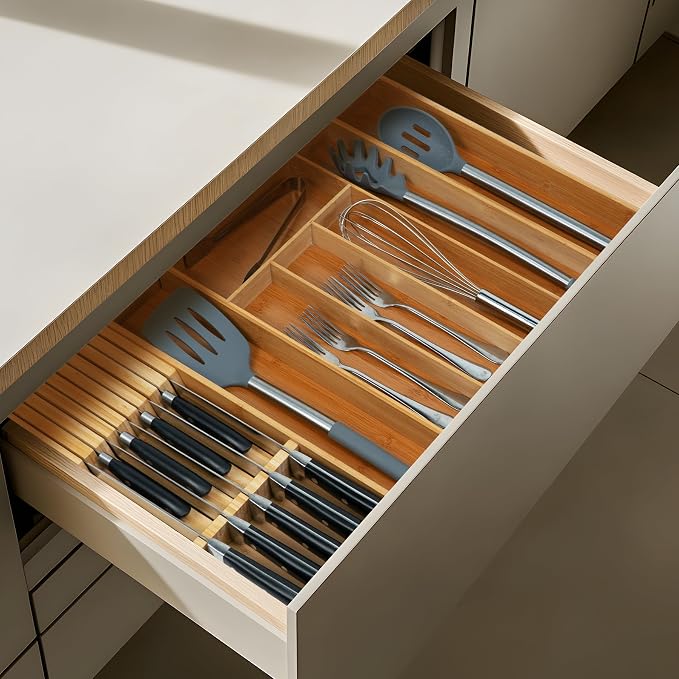 Utoplike Knife Drawer Organizer, Bamboo Knives Block for Kitchen Drawers | Small Knives Holder for Steak, Paring, Bread Knife, Holds Up to 9 Knives (Not Included), Compact Drawer Organization Storage
