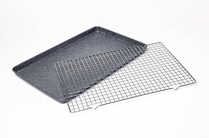 David Burke 17x11 Cookie Sheet with Chrome Cooling Rack – Carbon Steel, PFTE & PFOA Free, Oven Safe, Non-Toxic, Perfect for Baking and Roasting – Gray Speckle