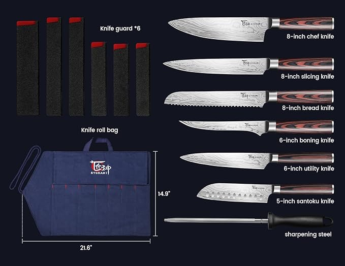 14pcs Chef Knife Set with Roll Bag, Professional Stainless Steel Japanese Knife Set with Pakkawood Handle for Professional Chef, Camping, Travel, BBQ, RV or Gift