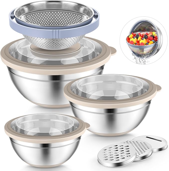 P&P CHEF Mixing Bowls with Lids, Metal Mixing Bowl with Colander, Khaki | 3 PCS Stainless Steel nesting bowls for Prepping, Storing, Colander for Draining, 3 Grater Attachments & Non-Slip Bottoms