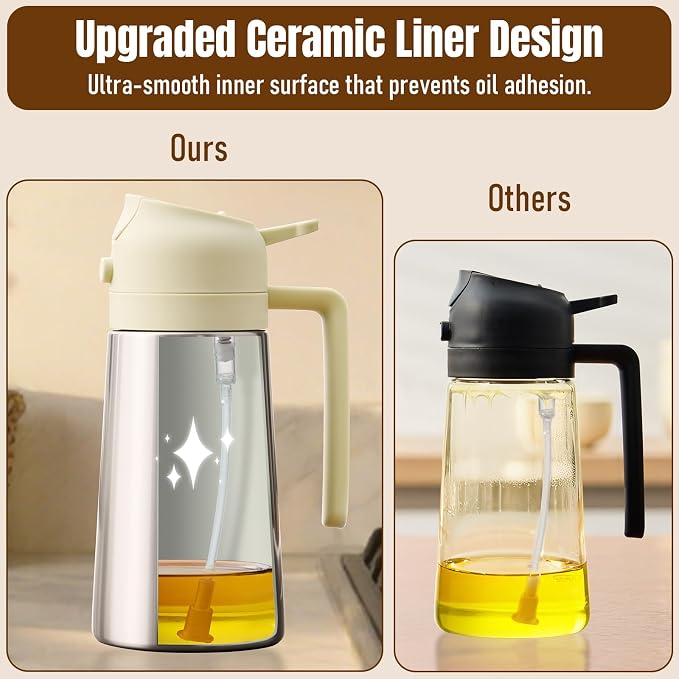 PARACITY Stainless Steel Oil Dispenser Bottle, 2-in-1 Sprayer, 16 oz, White | Ceramic interior supports fine mist or smooth pouring; drip-control spout suits cooking, BBQ, air fryer, salads, and baking.