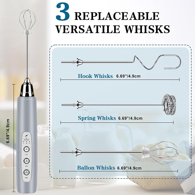 Milk Frother Wand Rechargeable Handheld Whisk Coffee 3 Speed Adjustable | Electric Whisk Drink Mixer with Stainless 3 Whisks Hand Frother , Foam Maker for Latte Cappuccino Matcha Egg Silver