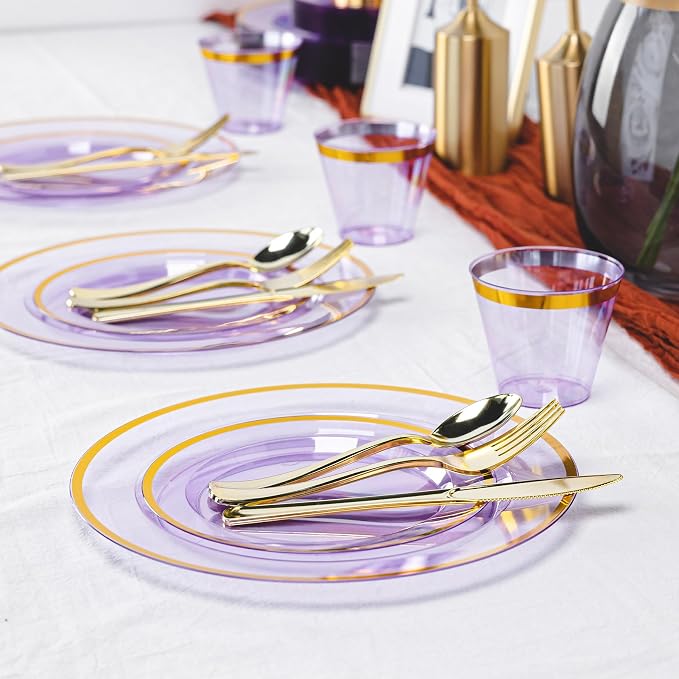 600PCS Purple Gold Plastic Plates, Disposable Dinnerware Set for Party | 100 Guest, 100 Dinner & Dessert Plates, Forks, Spoons, Knives, Cups, Gold Rim, for Graduation Wedding Bridal Shower