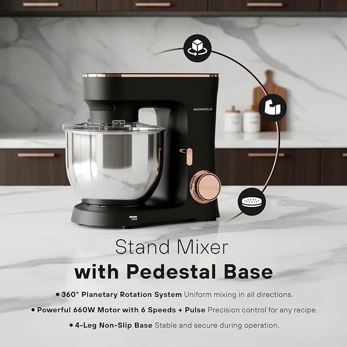 KOCHSTELLE Black Electric Stand Mixer 6.8 Quart Qt, 660W, 6-Speed Adjustable, Stainless Steel Planetary, Portable, Compact & Elegant Kitchen Mixer for Baking & Cooking