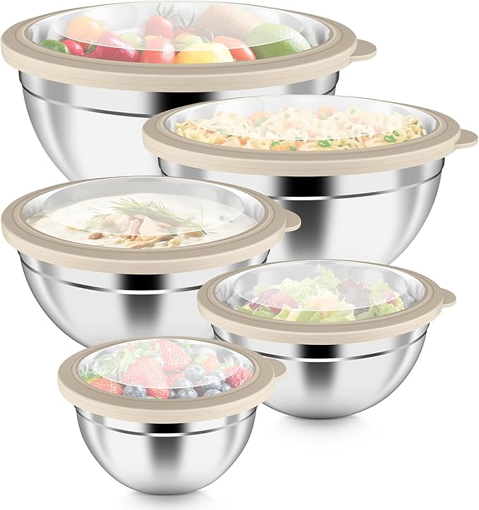 P&P CHEF Metal Mixing Bowls with Lids Set, Visible Airtight Lids & Khaki | 5 PCS Stainless Steel Mixing Nesting Bowls for Kitchen Prepping, Storing, Healthy & Easy Clean, Size 4.6, 3, 1.5, 1, 0.7 QT