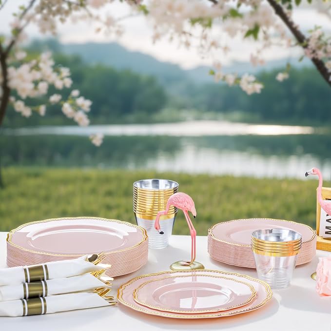 350 Pcs Pink and Gold Plastic Plates for Wedding & Party | Pink Plastic Dinnerware Set Includes 50 Dinner Plates, 50 Dessert Dinnerware, 50 Cups, 50 Rolled Napkin Cutlery