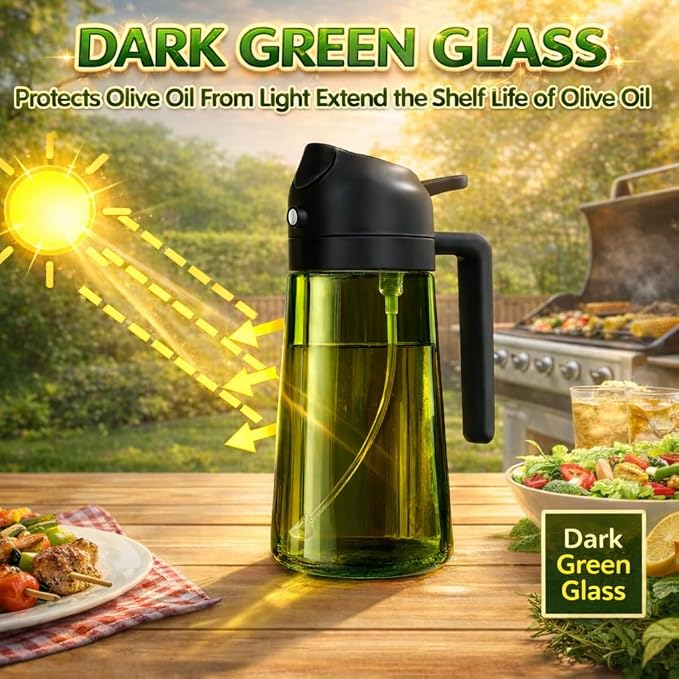 Oil Sprayer for Cooking, 2 in 1, Olive Oil Dispenser Bottle for Kitchen, 16oz/473ml, Premium Dark Green Glass Oil Bottle, Oil Sprayer for Air Fryer, Salad, Frying, BBQ. (Black) (Green)