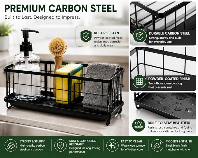 Kitchen Sink Caddy Organizer with Removable with Drain Tray, Rustproof Sponge Holder for Kitchen Counter, Carbon Steel Sink Organizer for Soap Dispenser, Sponge, Scrub Brush & Cleaning Accesories