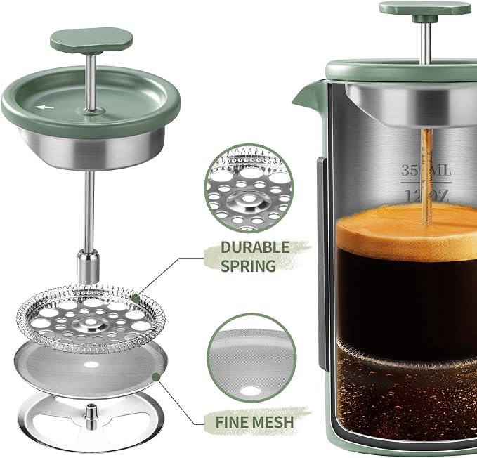 French Press – 350ml Stainless Steel Coffee Press, 2 Cup Cafetiere for Ground Coffee, Portable French Press