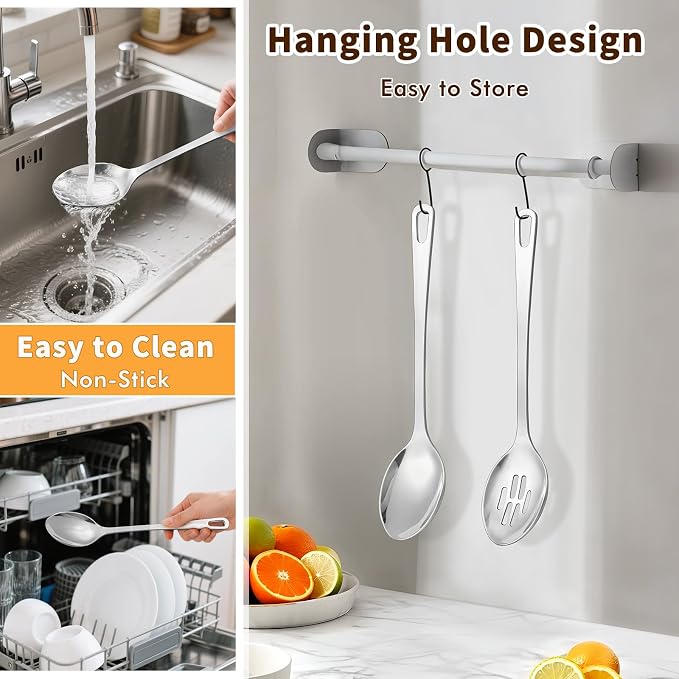 Stainless Steel Cooking Spoon, Slotted Metal Serving Spoon, Heavy Duty Sturdy Large Soup Ladle, High Heat Resistant Kitchen Cooking Utensils for Mixing, Stirring, Ergonomic Handle, Easy to Clean