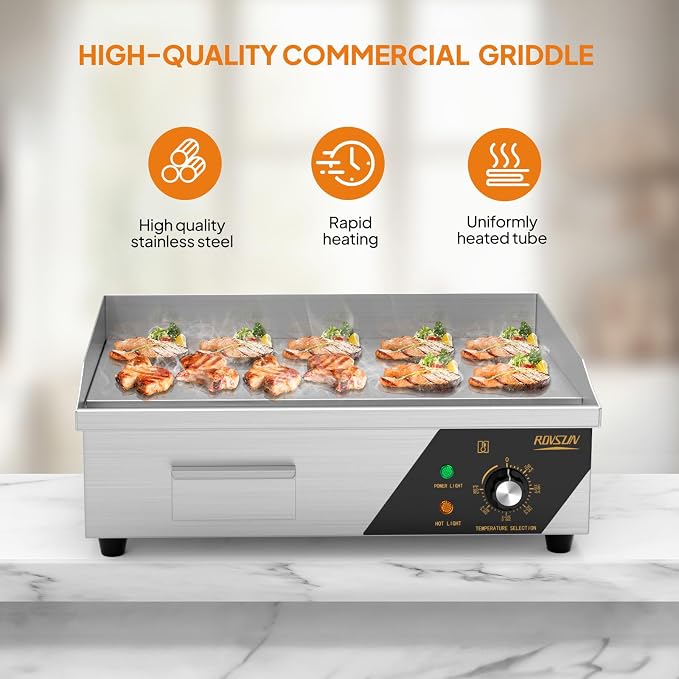 ROVSUN 22" Electric Countertop Flat Top Griddle, 1600W Electric Griddle, Teppanyaki Grill Stainless Steel with Adjustable Temperature Control 122°F-572°F for Home Restaurant Commercial