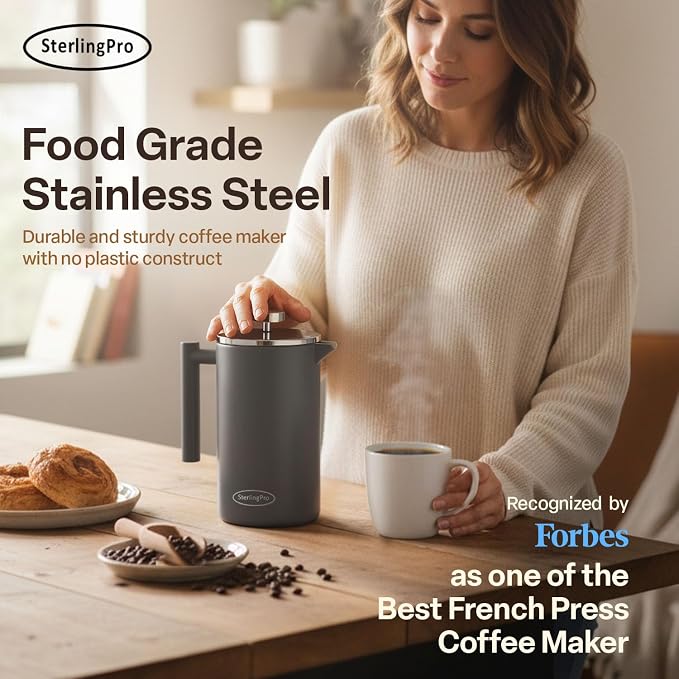 SterlingPro Extra Large Insulated Stainless Steel French Press Coffee Maker 59oz – Insulated Metal XL Double Wall Coffee Maker | Plastic Free | Cool-Touch | Grey Finish | Makes up to 16 Cups / 8 Mugs