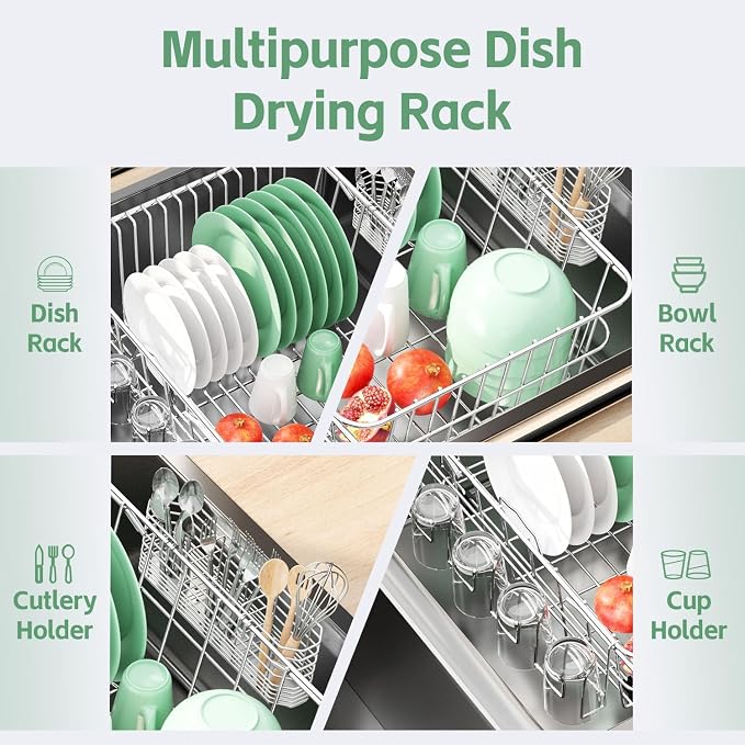 Fanbsy Dish Drying Rack in Sink, Extendable Stainless Steel Dish Drainers for Kitchen Counter, Anti-Rust Dish Dryer Rack with Utensil & Cup Holders, for Inside Sink, Over The Sink